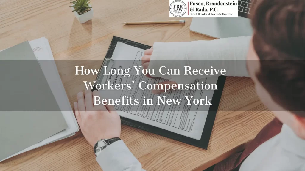 how long you can receive workers compensation benefits in new york text overlay, injured person filling out workers compensation documents