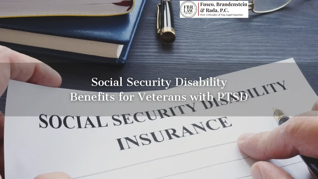 social security disability benefits for veterans with PTSD text overlay with ssdi insurance document on disability lawyer's desk in background