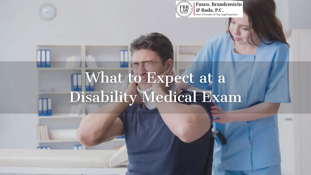 what to expect at a disability medical exam text overlay with an examiner and injured patient in the background