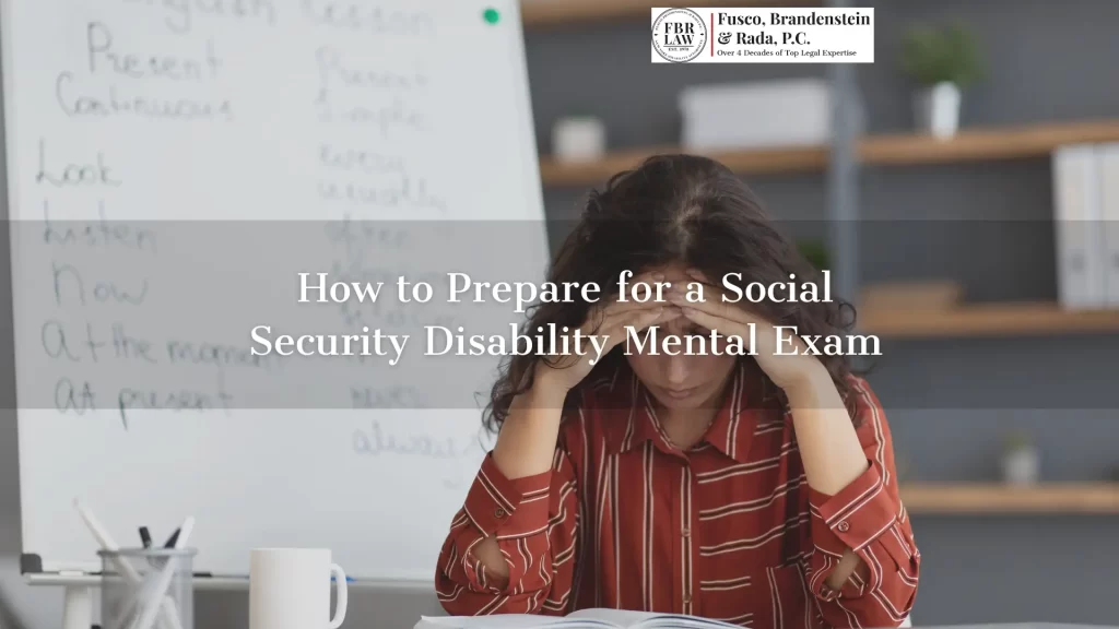 How to prepare for a social security disability mental status exam text overlay with a stressed woman holding her head in the background