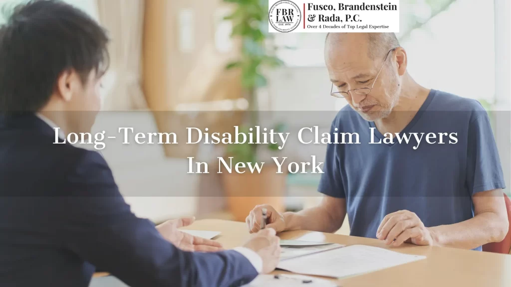 long term disability claim lawyer in new york text overlay and a disability lawyer and client in a meeting