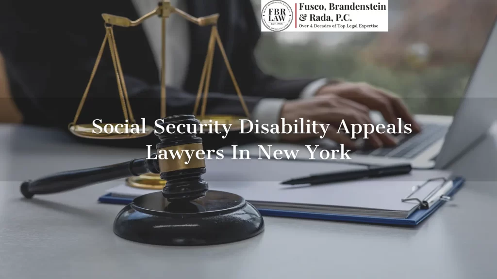 social security disability appeals lawyers in new york text overlay with a disability lawyer typing in background