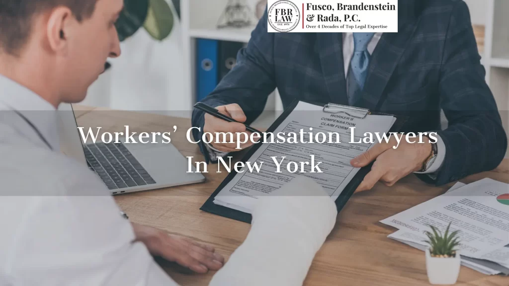 workers' compensation lawyers in new york text overlay and lawyer with a client in a consultation