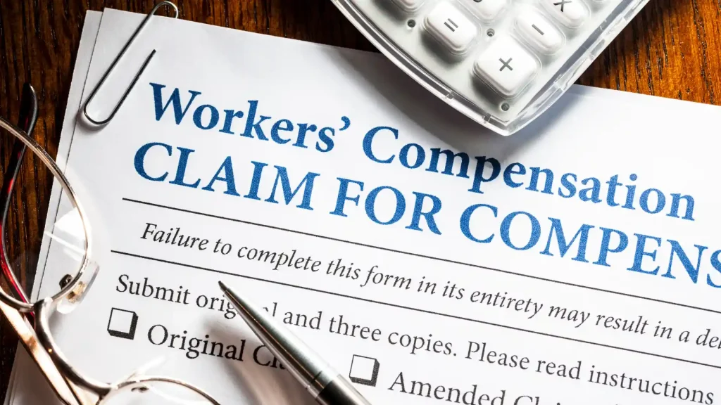 Workers' compensation claim form with a pen and calculator.